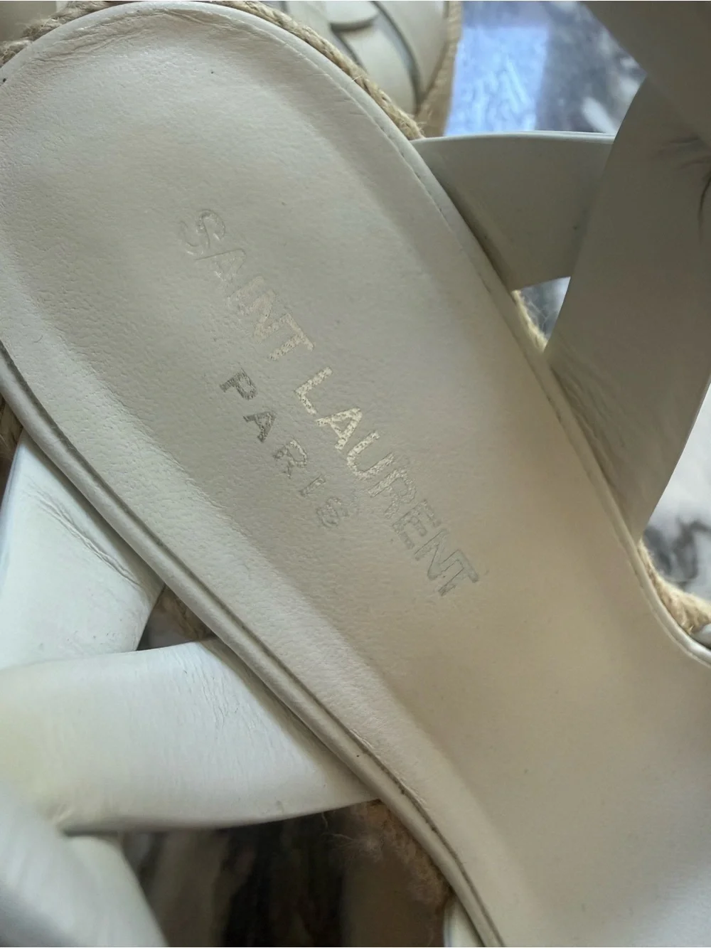 Saint Laurent Women’s Cream Wedge Espadrille Sandals - T-Strap Platform size 8